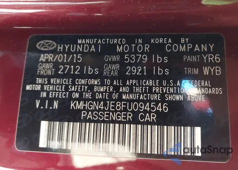 2015 Hyundai Genesis 3.8 z USA, uszkodzony, nr VIN KMHGN4JE8FU094546